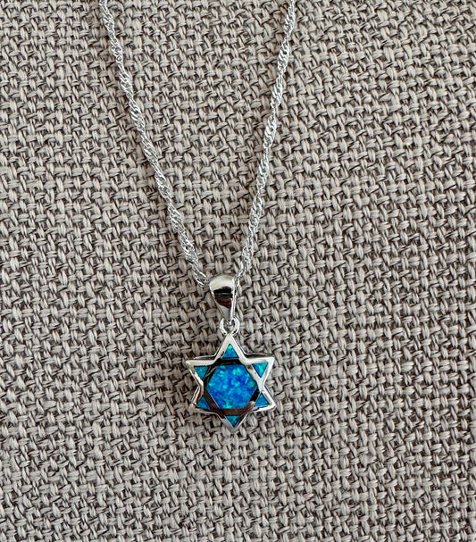 Blue and White Opal Star of David Necklace
