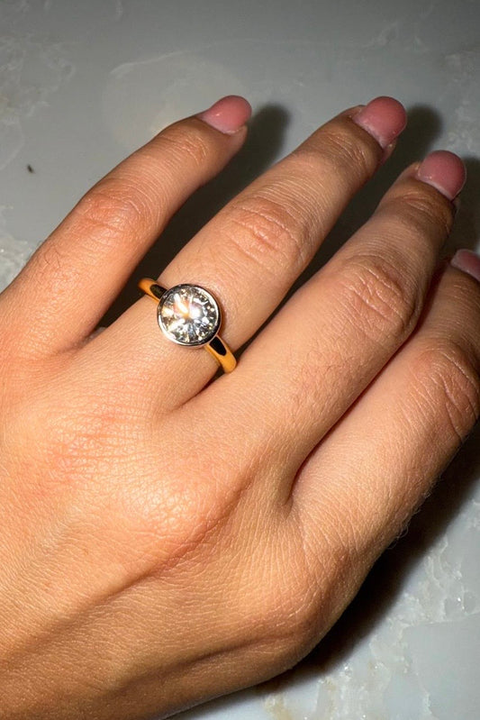 3 Carat Round Moissanite Bezel in Sterling Silver and Gold Plated setting